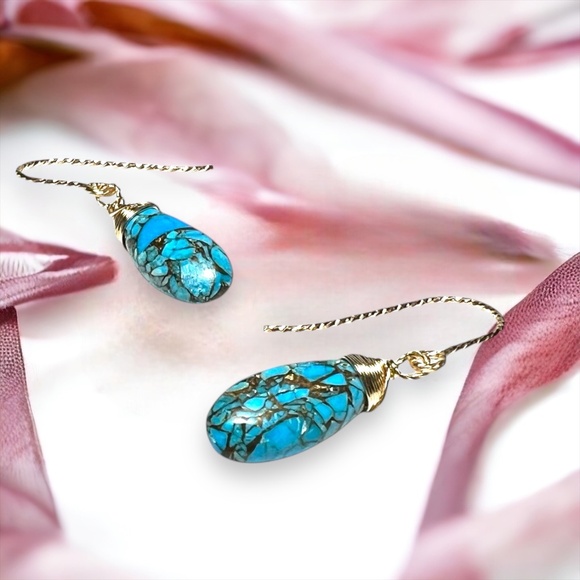 Natural Paraiba Turquoise Earrings Handmade 14K Yellow Gold Filled - Picture 8 of 9